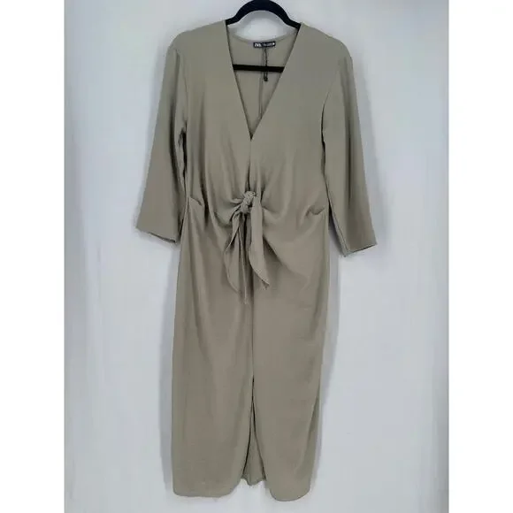 Zara Dress Womens Medium Olive Green Khaki Midi Knot Front Loose Minimalist - Picture 4 of 6